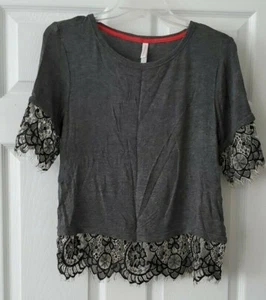 NWT Xhilaration Soft Grey Mesh Lace Fringe Trim Shirt Top Size S Small - Picture 1 of 4