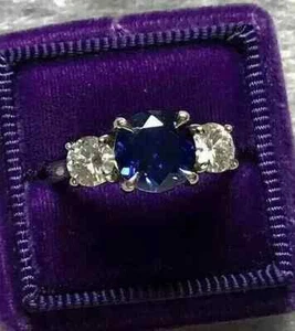 3.50 CT Blue Sapphire Natural Diamond Trilogy 14K White Gold Engagement Ring - Picture 1 of 5