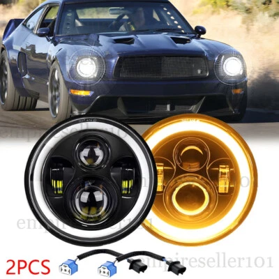 Pair Fit Ford Mustang 1965-1978 7" INCH Round LED Headlights Halo DRL Angel Eyes - Image 1 of 4
