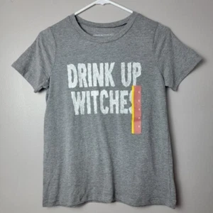 Women's Drink up Witches Halloween Top Short Sleeve Graphic T-Shirt Gray Size S - Picture 1 of 6