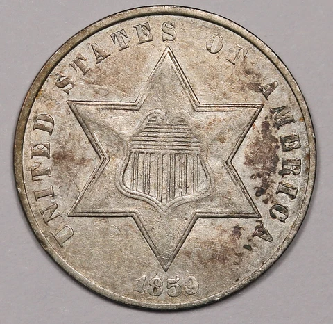 1859 Three Cent Silver.  XF.  175097 Cover