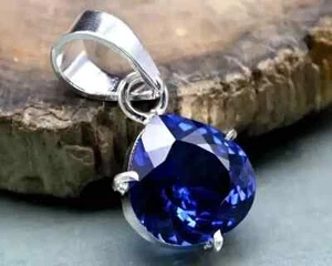 24 KT Certificato Naturale Zaffiro Blu Taglio a Pera 925 Solido Argento Pendente - Foto 1 di 8