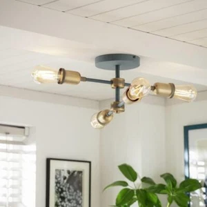 Ceiling Light Industrial Metal Flush Grey Brass 4 Candle LED Bulbs Vintage Style - Picture 1 of 8