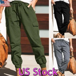 Women's Solid Cargo Combat Joggers Trousers Ladies Casual Sports Sweat Pants US - Picture 1 of 16