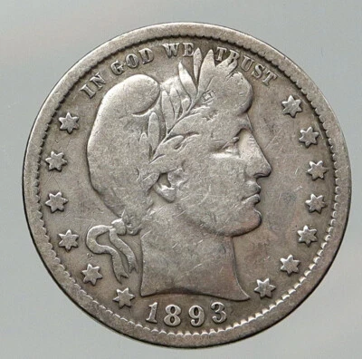 1893 UNITED STATES US Silver LIBERTY Barber Quarter Dollar Coin w EAGLE i92056 - Image 1 of 3