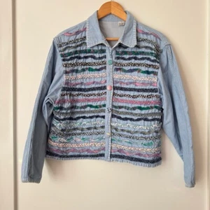 Vintage 90s Patchwork Braided Denim Jacket Multicolor Buttons Long Sleeves L - Picture 1 of 8