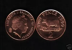 GUERNSEY 2 PENCE KM96 1999 QUEEN COW UNC WORLD CURRENCY MONEY COIN 100 LOT GB UK - Picture 1 of 1