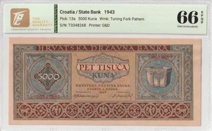 1943 Croatia 5000 Kuna Pick#13a 66 EPQ Gem UNC - Picture 1 of 2