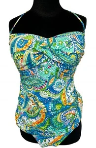 Lauren 2 Piece Tankini Swim Suit Sz 14 Teal Paisley Multi Top And Bikini Bottom - Picture 1 of 12