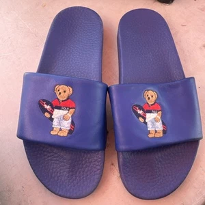 RALPH LAUREN POLO SZ 10 SLIDES SANDALS BLUE BEAR - Picture 1 of 12