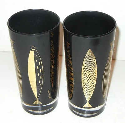 2 VINTAGE FRED PRESS BLACK W/ GOLD FISH MIXED DRINK GLASS TUMBLERS 6 1/4 INCHES - Image 1 of 4
