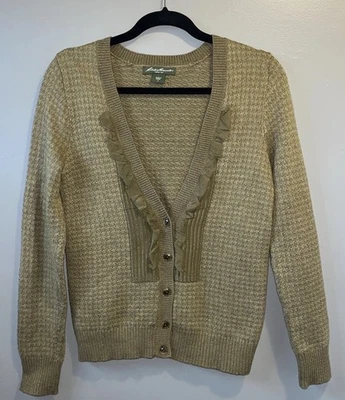 Cárdigan suéter Eddie Bauer con volantes cuello en V para mujer S verde oliva manga larga Foto 1 de 4