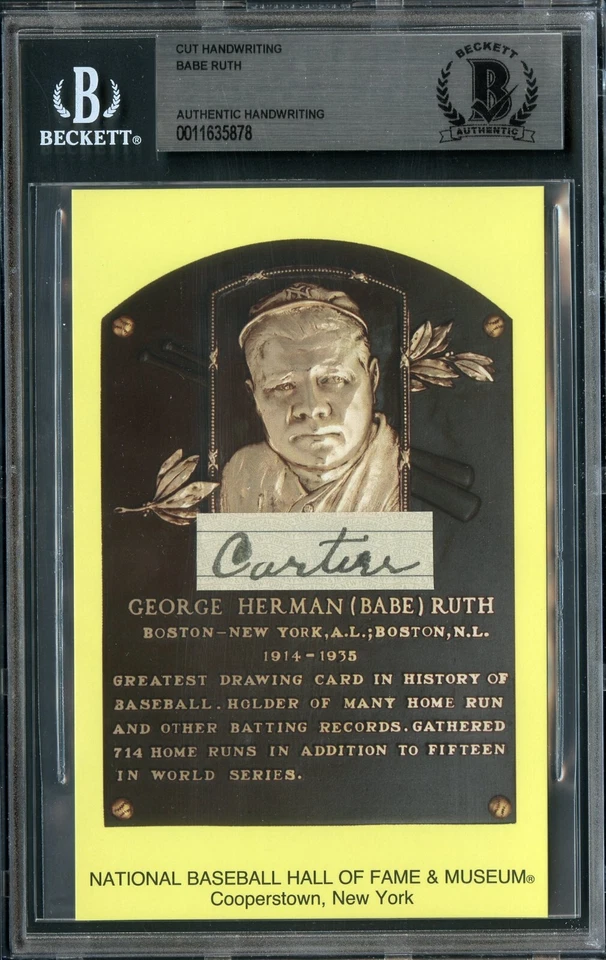 BGS Babe Ruth "Cartier" Signed Cut Handwriting HOF Plaque NY Yankees BAS Beckett - Image 1 of 2