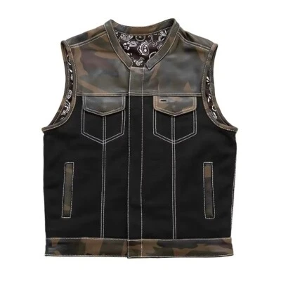Chaleco de motociclista de cuero acolchado con diamantes verde camuflado | Chaleco de motociclista Foto 1 de 4
