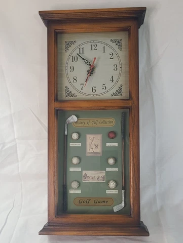 "History Of Golf Collection" Wooden Shadow Box & Clock Quartz 18 in Tall Cover