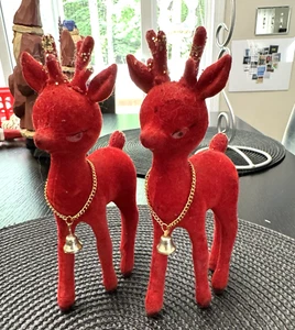 2 Vintage Red Felt Flocked Christmas Reindeer Gold Bell Ornament Figures 6.5" - Picture 1 of 11