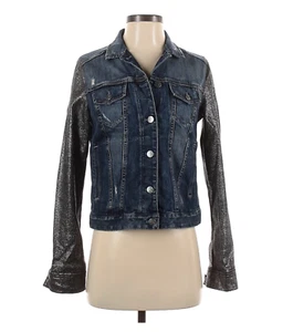 EXPRESS Blue Jean Jacket Distressed Metallic Contrast Sleeves Stretch Women's XS - Picture 1 of 7