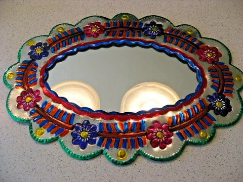 Vintage Pressed Hand Painted Oval Tin with Flowers Framed Mirror Cover