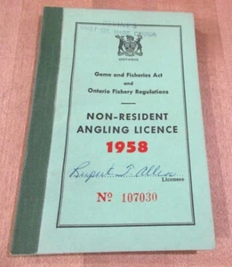 Vintage 1958 Ontario Non Resident Angling Fishing License Booklet (r) - Picture 1 of 3