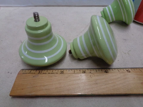 Set of 4 chunky Wasabi Mint Green drawer knobs pulls used Vintage ? Wood enamel Cover