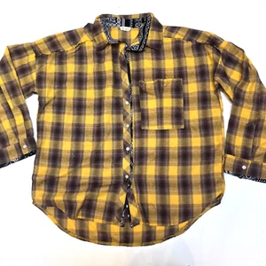 POL Womens Black Yellow Plaid Raw Trim Boho Grunge Trim Flannel Shirt Size L - Picture 1 of 9