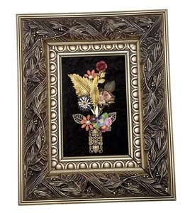 Vintage Jewelry Art FLOWER ARRANGEMENT in Vase Black & Gold Tone 10 3/4" x8 3/4" - Picture 1 of 9