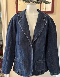 Talbots Women's SZ 18W Med-Dark Blue Stretch Denim Blazer Jean Jacket 1 Button - Picture 1 of 16