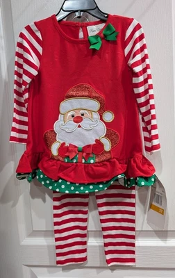 Редкие издания девочек 2T 3T 4T Санта Рождественский праздничный наряд в полоску леггинсы комплект - Изображение 1 из 4