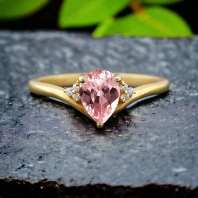 9k Solid Gold 7x5MM Pear Shape Natural Morganite Ring Cubic Zirconia Ring - Image 1 of 4