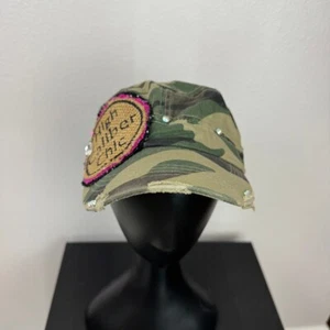 Pinky Bolle High Caliber Chic Hat Cap Green Camouflage Distressed Rhinestones - Picture 1 of 8