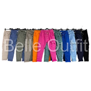 New Ladies Italian Soft Stretch Cargo Pockets Button Womens Jogger Pant Regular - Picture 1 of 27