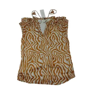 Ärmellose Bluse Animalprint Rüschenausschnitt orange weiß Zebramuster Größe XS - Bild 1 von 9