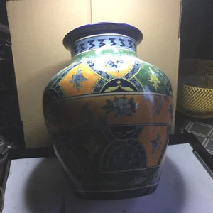 Large Pottery Vase With Flowers & Leaves Colour Green Orange & Blue - Picture 1 of 8
