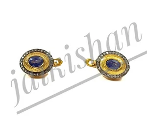 Blue Sapphire Gemstone 925 Sterling Silver Pave Diamond Russian Lock Earring - Picture 1 of 10