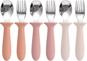 Toddler Spoons Forks Set 6 Pack Kids Silverware with Silicone Handle BPA Free - Picture 1 of 12