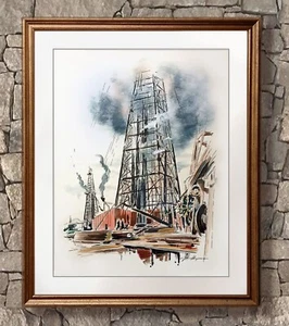 John Haymson American Artist Hand Colored Lithograph -Texas Oil Fields- 1960 s - Bild 1 von 12