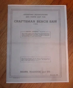 SEARS CRAFTSMAN 8 INCH BENCH SAW OWNERS MANUAL 103.0213 0213 TABLE - Picture 1 of 1