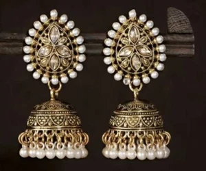 Beautiful Gold Plated Light Weight Jhumka Indian Jhumki Earrings Jewelry Pearl - Picture 1 of 5
