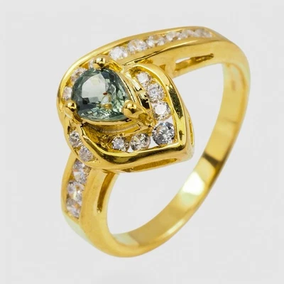 24K Gold 925 Sterling Silver Rings Mint Green Sapphire Pear 0.35Ct Size 6.25 - Image 1 of 4