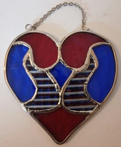 Vintage Suncatcher Textured Stained Glass Red White Blue Heart 4" x 4" (crack) - Picture 1 of 5