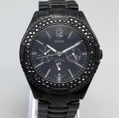 Guess Waterpro Watch Women U13007L1 37mm Black Bling Day Date New Battery 6.75" - Image 1 of 4