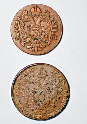 Áustria, duas grandes moedas de cobre: 3 e 6 Kreuzer (1800, Praga e Schmollnitz) - Imagem 1 de 4