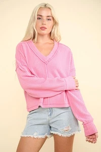 VERY J Exposed Seam V-Neck Ribbed Knit Top - Picture 1 of 4