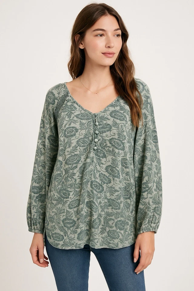 Blusa Knox Rose M verde boho floral camponesa manga longa botão frontal - Imagem 1 de 4