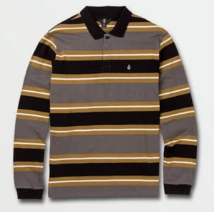 Polo Volcom Hasley Para Hombre Manga Larga Negro Gris Verde Oliva Rayas Pequeño - Imagen 1 de 2