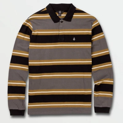 Volcom Men's Hasley Long Sleeve Polo Shirt Black Grey Olive Green Stripes Small - Image 1 of 2