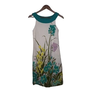 Merona Women's Size 2 Linen Rayon Blend Lined Shift Dress Floral Aqua/ Yellow  - Picture 1 of 9