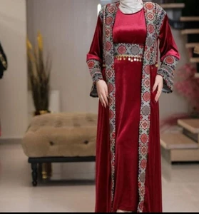 Vestido Thobe Palestino Terciopelo Borgoña Bordado Maxi 2 Piezas Talla (1,2,3,4) - Imagen 1 de 6