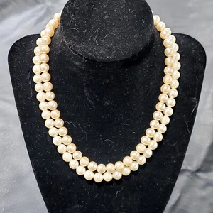 Mid Century Faux Perle Doppelstrang Halsband Halskette 16" Statement - Bild 1 von 7