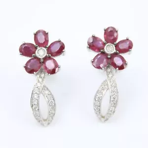 Vintage 3.47 TCW Natural Ruby and Diamond Floral Drop Earring in 18K Gold - Picture 1 of 7